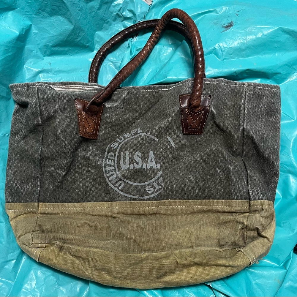 Mona B repurposed rugged USA tote purse.